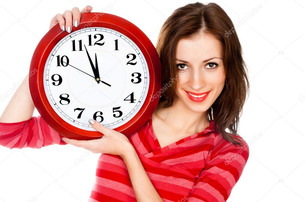 Woman with the clock isolated in white