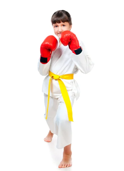 Liten flicka i boxning handskar — Stockfoto