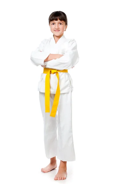 Niña en kimono con faja amarilla — Foto de Stock