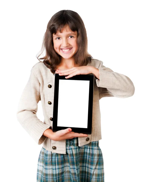 Het meisje met de Tablet PC — Stockfoto