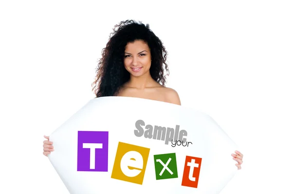 Flicka håller ett papper med exempeltext — Stockfoto