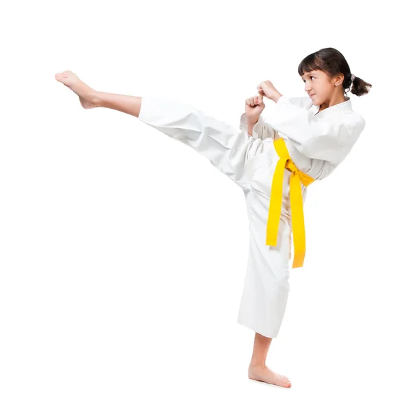 Little girl in a kimono with a yellow sash — Stock Photo, Image