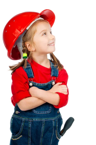 Menina bonita no capacete de construção — Fotografia de Stock