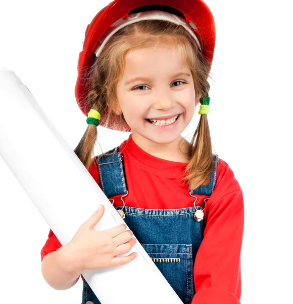Девушка в строительном шлеме с плакатом — стоковое фото