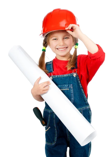 Meisje in de bouw helm met poster — Stockfoto