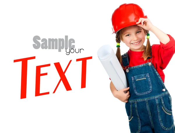 Girl in the construction helmet with poster — Stock Photo, Image