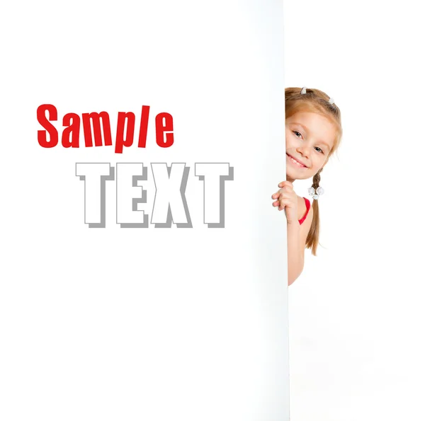 Girle beside a white blank with sample text — Stock Photo, Image