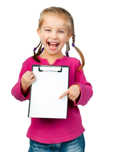 Little girl with white blank Stock Photo