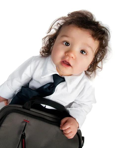Criança vestida num negócio com um saco — Fotografia de Stock