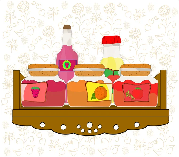 Vector picture of kitchen shelf with bottles and jam jars — Stock Vector