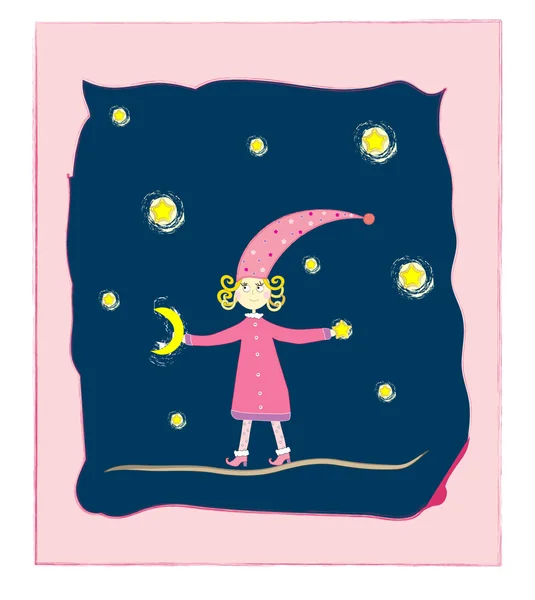 Menina bonito com lua e estrelas vetor de cartão postal — Vetor de Stock