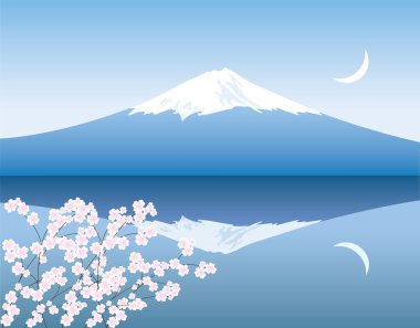 fuji Dağı, ay ve sakura dallarında vektör