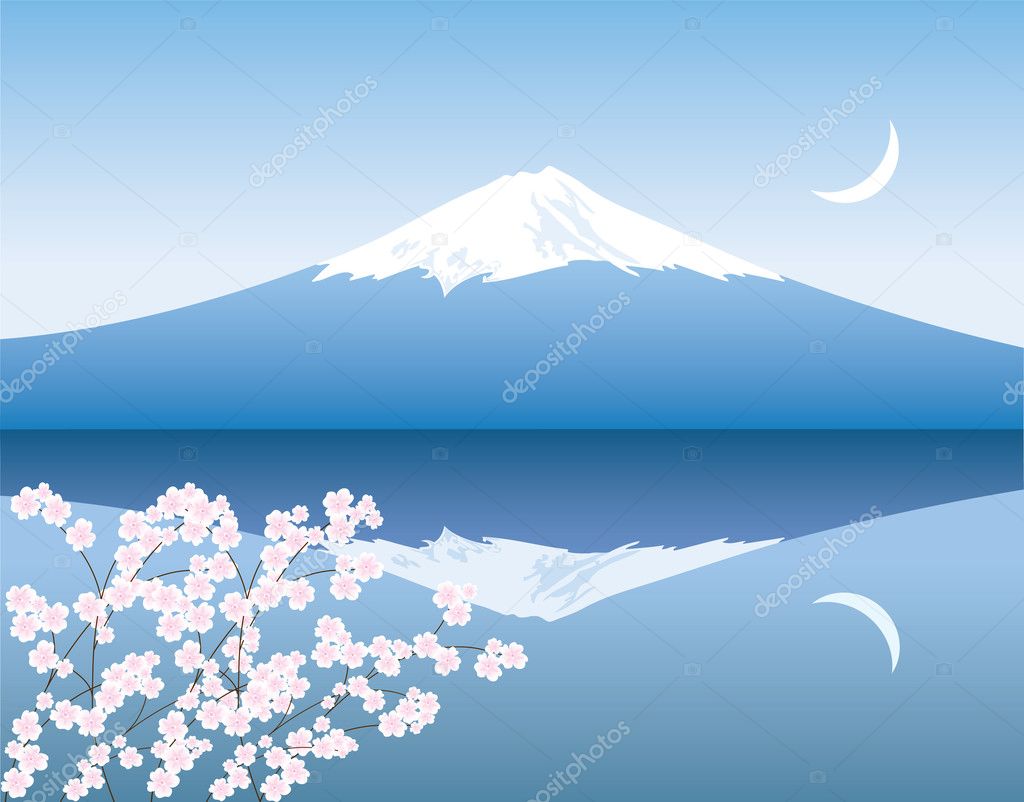 Vector Mount Fuji, moon and branches of sakura