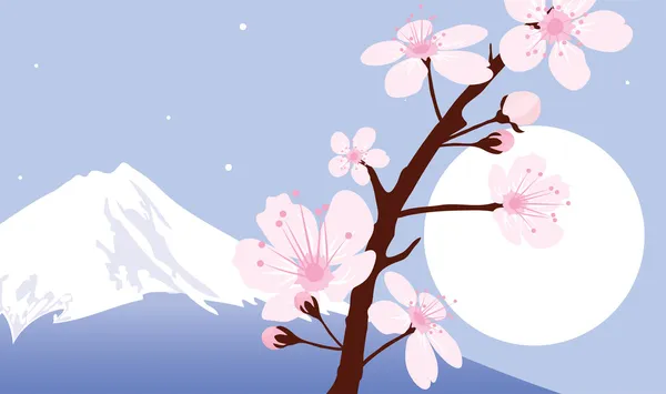 Vector Mount Fuji, moon and branches of sakura (cherry) — Stock Vector