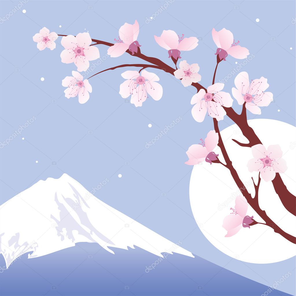 Vector Mount Fuji, moon and branches of sakura (cherry)