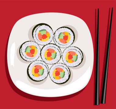 Vector sushi on the plate and chopsticks clipart