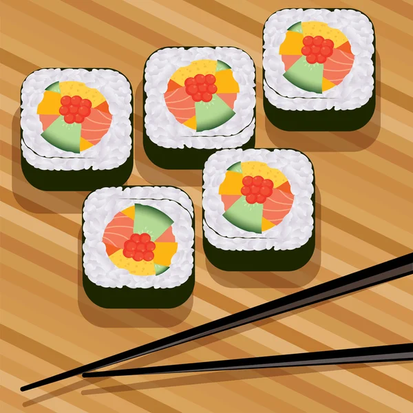 Vector sushi on bamboo mat and chopsticks — Stock Vector