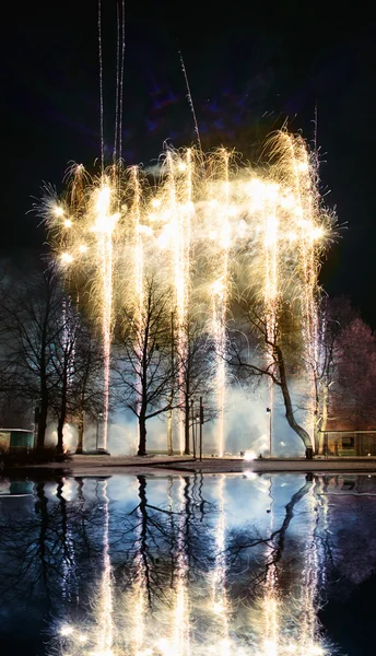 Fogos de artifício sobre a água no parque — Fotografia de Stock