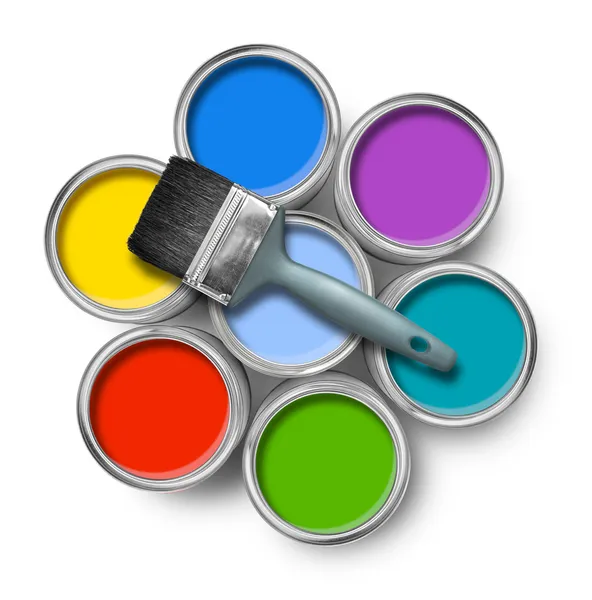 Renk boya tenekeleri fırça ile — Stok fotoğraf