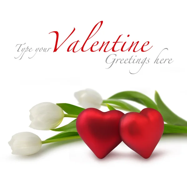 Beyaz Lale ile kırmızı valentine Kalpler — Stok fotoğraf