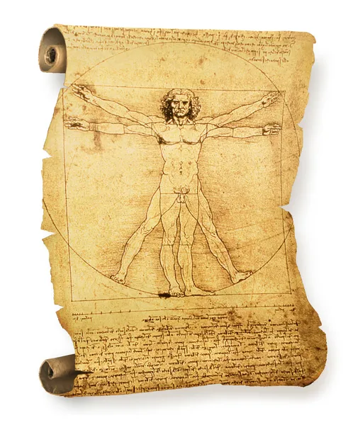 Je Leonardo vitruviánském člověk starý pergamen — Stock fotografie