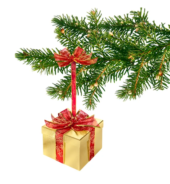 Золотая коробка подарков на елке — стоковое фото