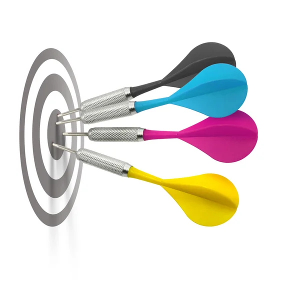 Cmyk darts hitting target — Stock Photo, Image