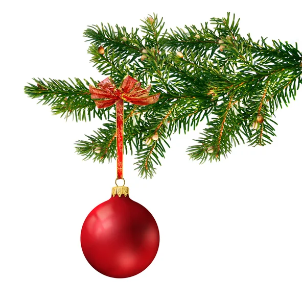 Red glass ball on Christmas tree — Stock Photo, Image