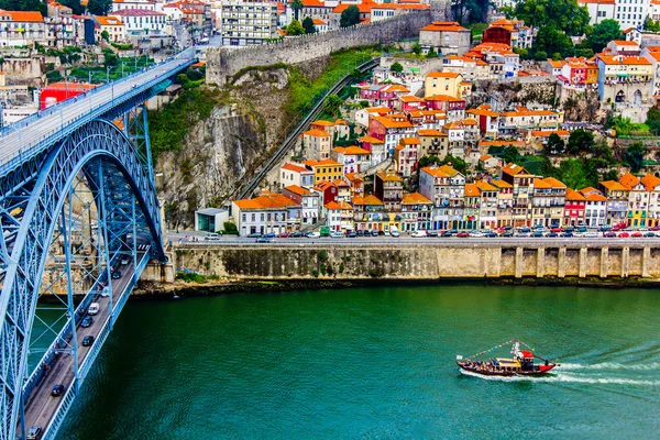 Ancient city Porto,metallic Dom Luis bridge — Stock Photo, Image