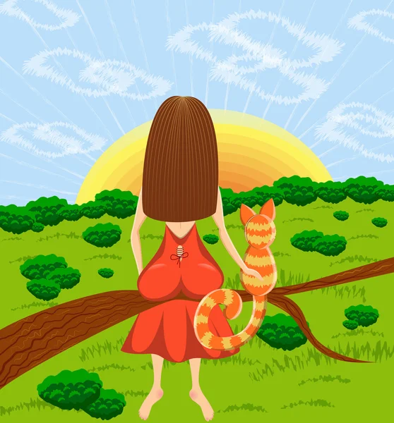 Flicka med en katt som sitter på ett träd — Stock vektor