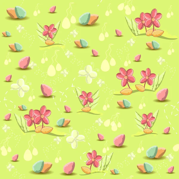 Modèle sans couture de printemps avec des fleurs et des œufs de Pâques — Image vectorielle