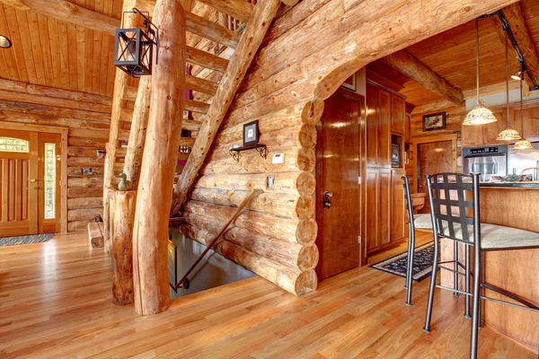 Log cabin kitchen and staircase interior. — Stock Photo, Image