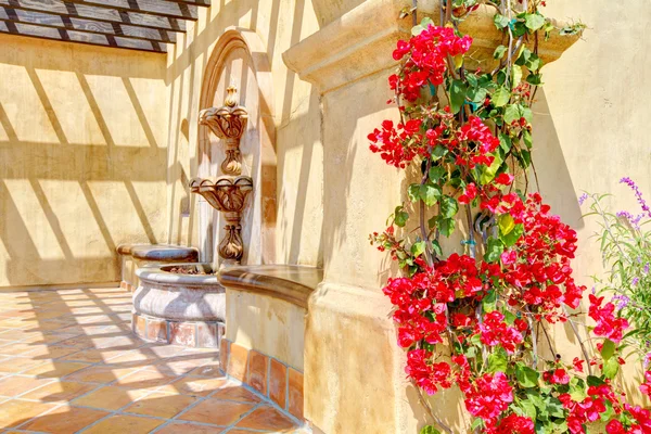 Flowers and fountain on Spanish wall details. — Stock Photo, Image