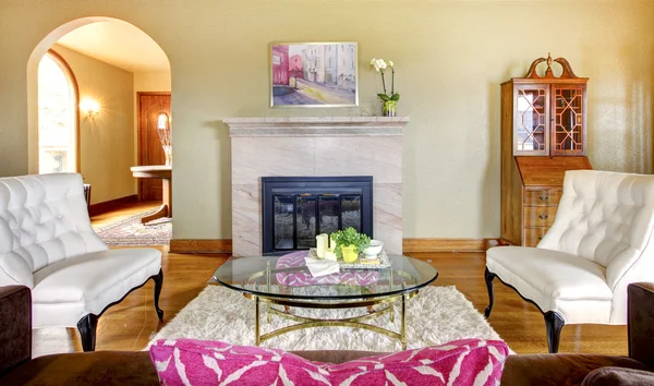 Elegantní zlaté a růžové krb v obývacím pokoji interiéru. — Stock fotografie