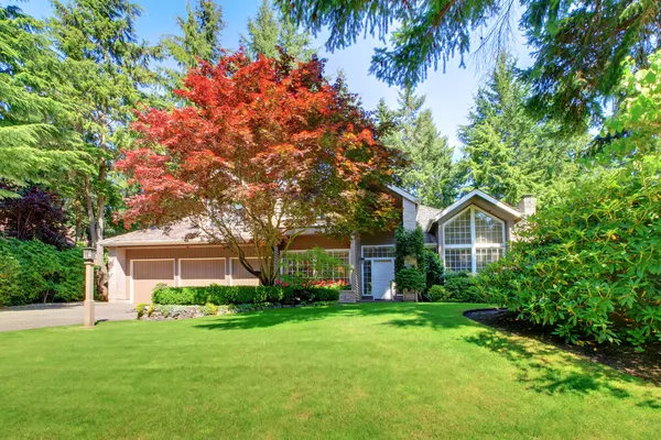 Piękny zielony ogród przednie z brązowy dom. — Zdjęcie stockowe