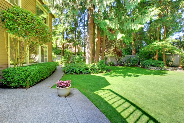 Large green summer back yard and brown house. — Stock Photo, Image