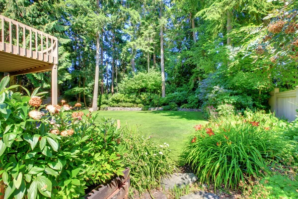 Patio trasero verde con porche y flores . — Foto de Stock