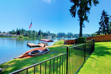 Waterfront property with dock and fenced back yard. clipart