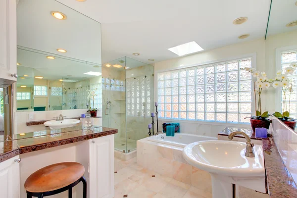 Большая светлая ванная комната с двойной раковиной и большой ванной . — стоковое фото