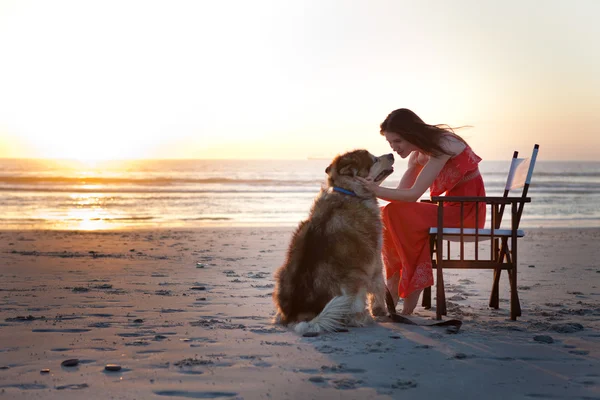 Jovem mulher na praia com cão grande — Fotografia de Stock