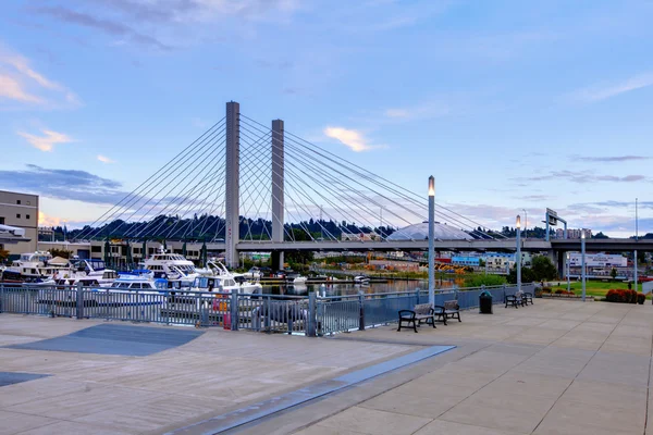 Tacoma waterkant cit centrum, narrows bridge en marina. — Stockfoto