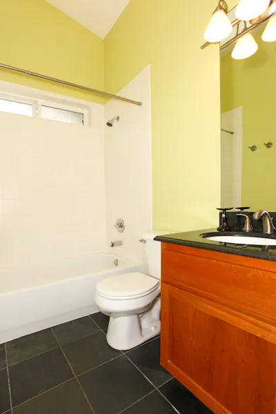 Ванная комната с черной плиткой и лаймовой краской — стоковое фото