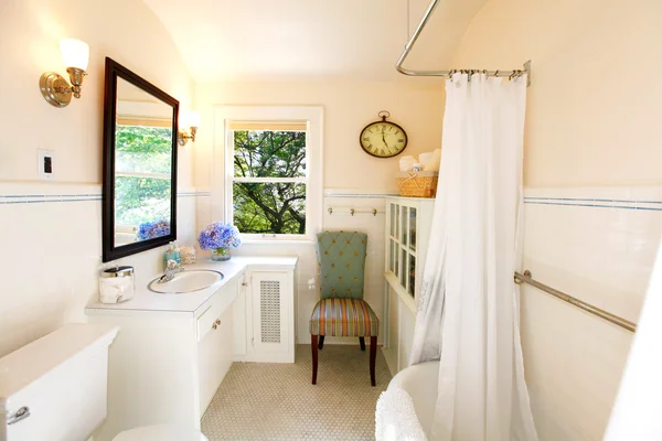 Cuarto de baño antiguo con cortina blanca y vista fresca —  Fotos de Stock