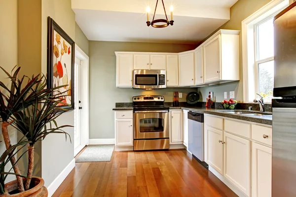 Elegante witte en groene keuken met cherry vloer. — Stockfoto