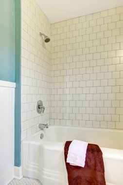 Shower and tub with white classic tile and blue wall. clipart