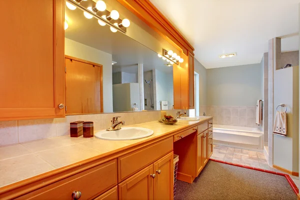 Grote badkamer met dubbele wasbakken en bad met grijze kleed. — Stockfoto