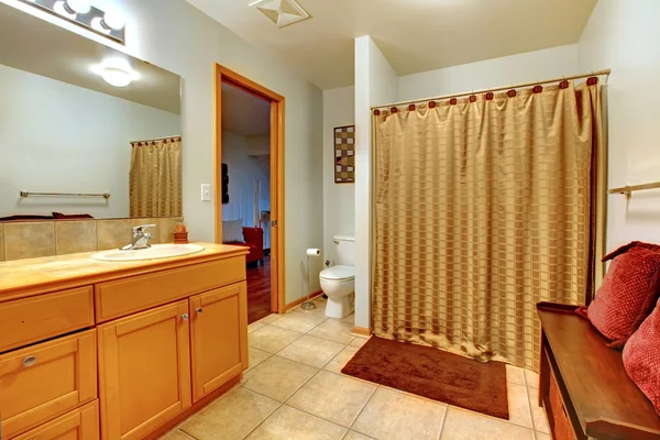 Gran cuarto de baño interior con banco con almohadas rojas y ducha . —  Fotos de Stock