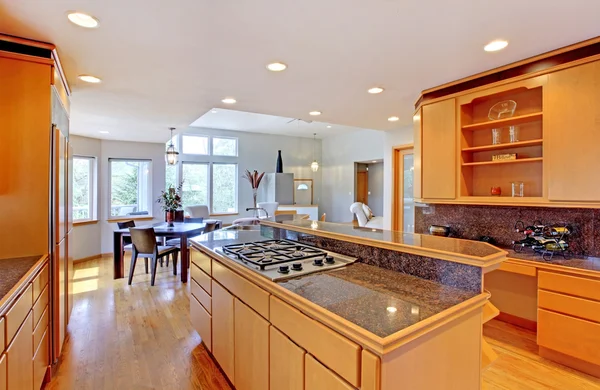 Büyük lüks modern ahşap mutfak granit tezgahlar. — Stok fotoğraf