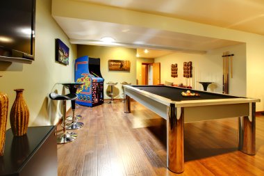 Play party room home interior with pool table. clipart