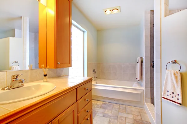 Großes Badezimmer mit Doppelwaschbecken und Badewanne mit grauem Teppich. — Stockfoto